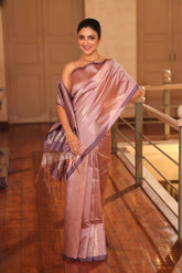 KAVVYA SOFT & LIGHT WEIGHT PINK SILK SAREE WITH BEAUTIFUL GOLDEN AND SILVER ZARI WEAVING ABSTRACK MOTIFS ALL OVER THE SAREE WITH CONTRAST PURPLE BORDER AND PALLU COMES WITH PURPLE COLOUR BLOUSE